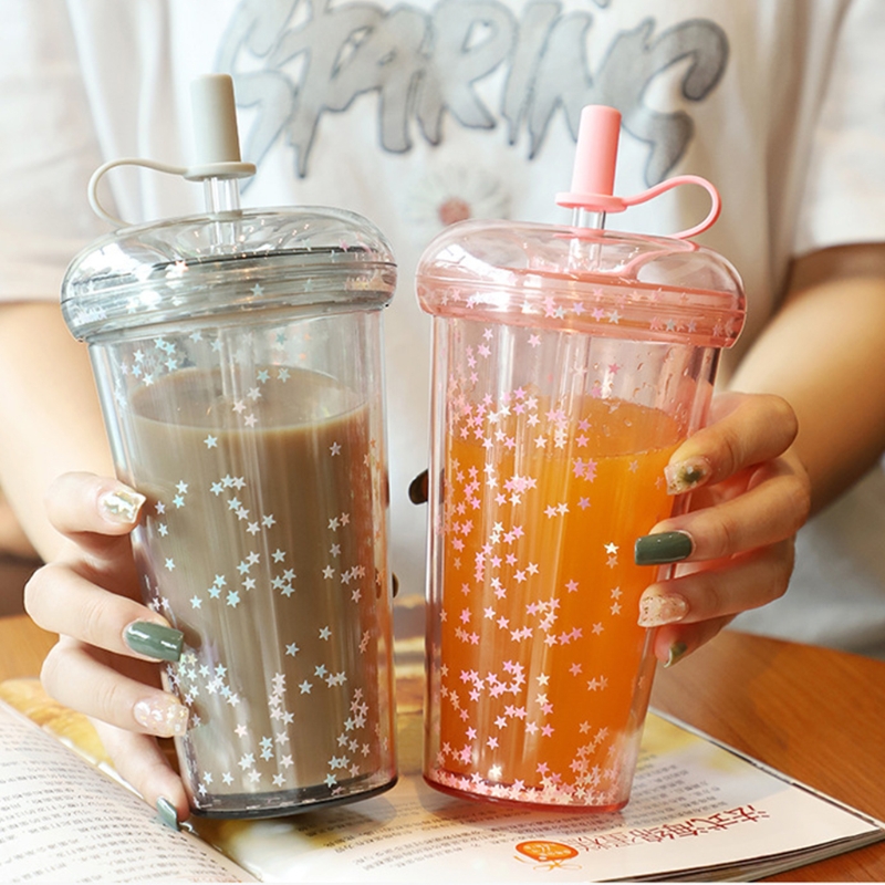 귀여운 플라스틱 더블 레이어 음료 머그잔 420ml, 재사용 가능한 반짝이 컵 뚜껑 빨대 투명 스팽글 물병